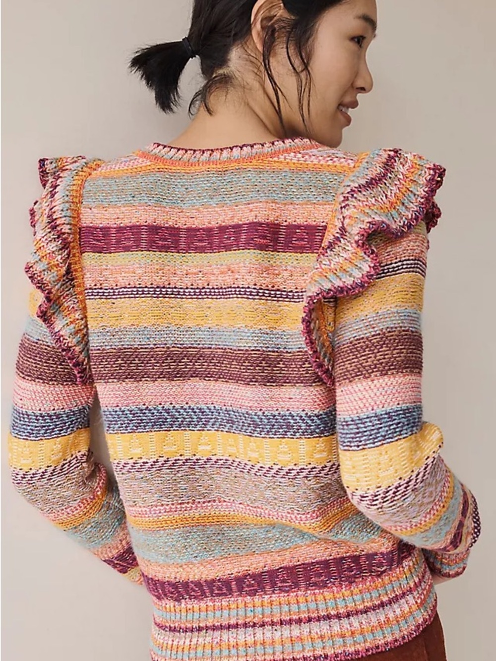 Pilcro Striped Ruffle-Shoulder Crewneck Sweater in Pink, Blue & Yellow 2X - Picture 2 of 11